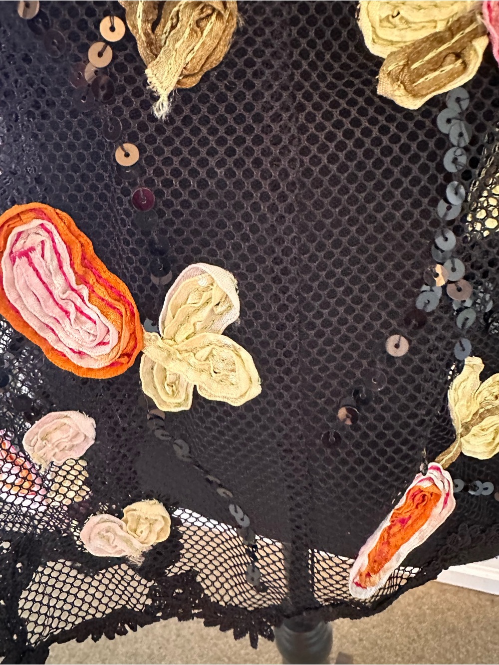 ⭐️ Black Sheer Mesh Cardigan with Pink, Yellow & Orange Appliqués - Picture 3 of 12